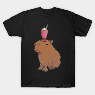 Capybara with a Strawberry Milkshake on its head T-Shirt